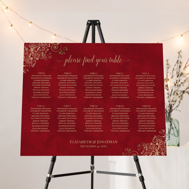 10 Table Gold Lace on Red Wedding Seating Chart Foam Board (In Situ (Stand))
