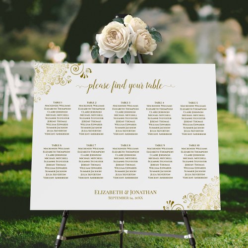 10 Table Gold Lace on White Wedding Seating Chart Foam Board
