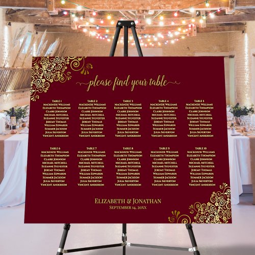 10 Table Gold Lace Seating Chart Burgundy Maroon Foam Board
