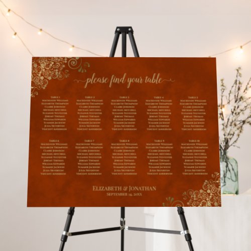 10 Table Gold on Rust Orange Wedding Seating Chart Foam Board