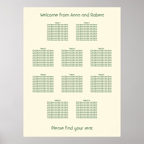 10 Table Ivory Cream Dark Green Seating Chart