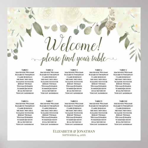 10 Table Ivory White Roses Wedding Seating Chart