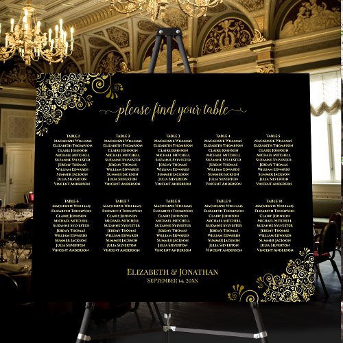 10 Table Lacy Gold  Black Wedding Seating Chart Foam Board