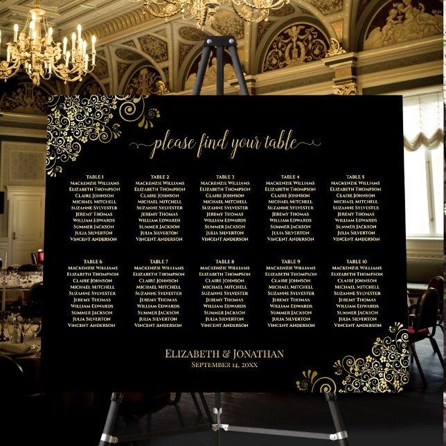 10 Table Lacy Gold & Black Wedding Seating Chart Foam Board (In Situ on Stand at Reception)