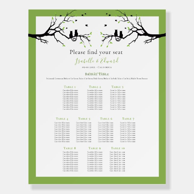 10 Table Lime Green Cat Lovers Wedding Theme Foam Board (Front)