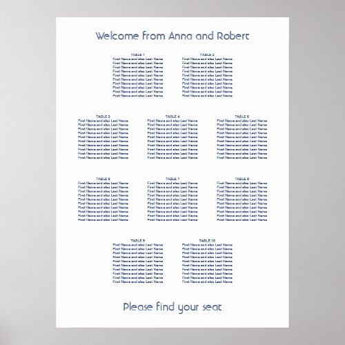 10 Table Minimalist Dark Blue Seating Chart