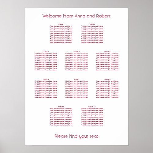 10 Table Minimalist Magenta Red Seating Chart