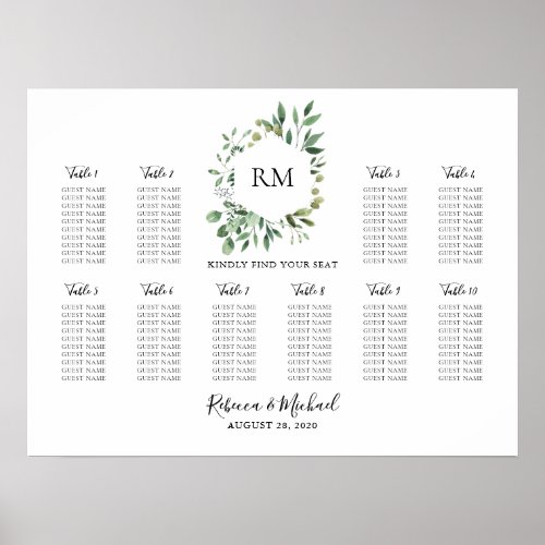 10 Table Monogram Wedding Guest Seating Chart