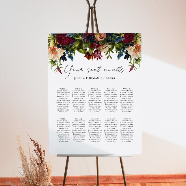 10 table Moody Floral Burgundy Wedding Seating Foam Board (Creator Uploaded)