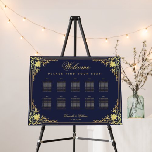 10 Table Navy Blue Faux Gold Elegant Seating Chart Foam Board