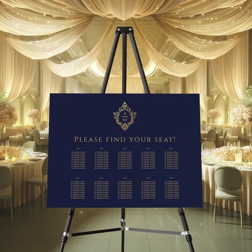 10 Table Navy Blue Gold Ornate Crest Seating Chart Foam Board