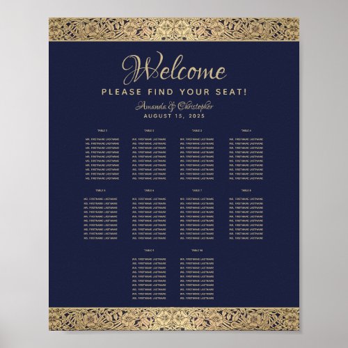 10 Table Navy Blue Wedding Seating Chart Gold Rose