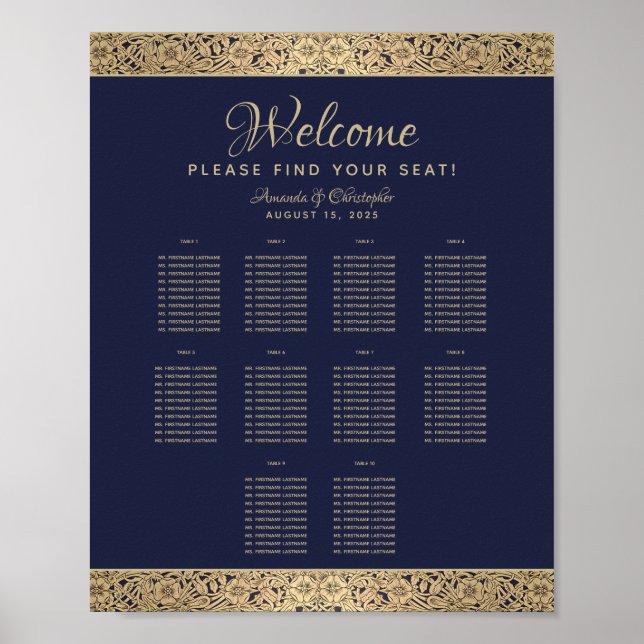 10 Table Navy Blue Wedding Seating Chart Gold Rose (Front)