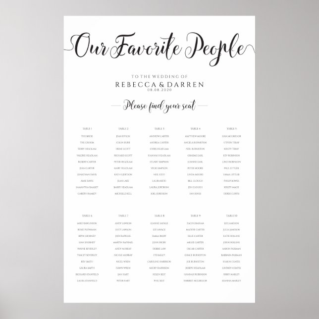 10 Table Our Favorite People Wedding Seating Chart (Front)