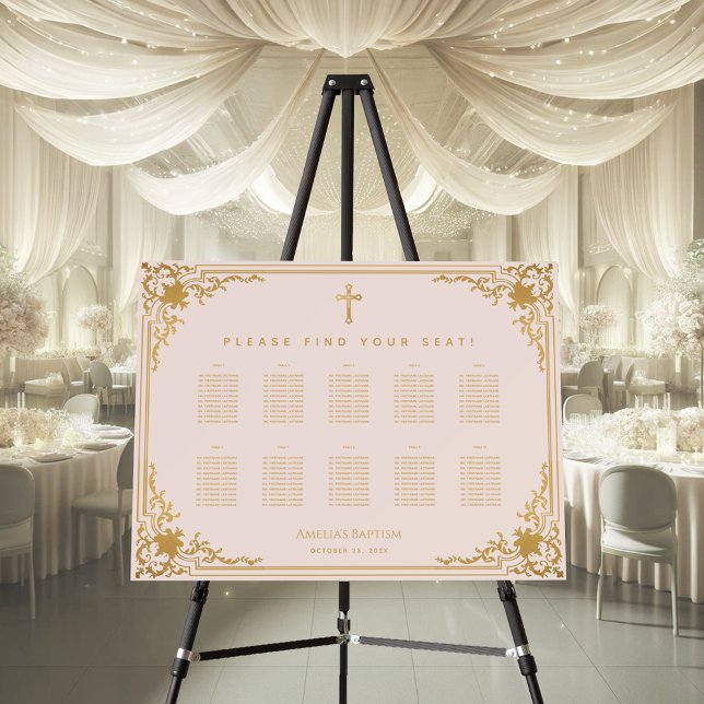 10 Table Pink Faux Gold Girl Baptism Seating Chart Foam Board (Creator Uploaded)