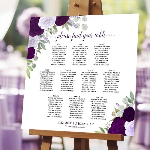 10 Table Purple Boho Floral Wedding Seating Chart Foam Board