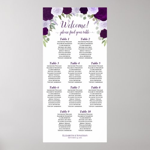 10 Table Purple Boho Roses Vertical Seating Chart