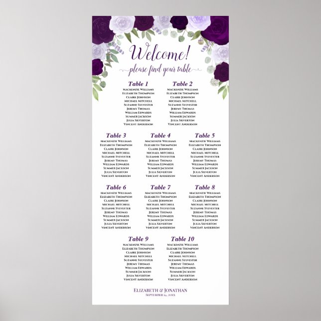 10 Table Purple Boho Roses Vertical Seating Chart (Front)