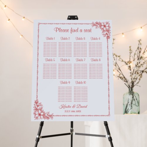 10 Table Red Ornate Floral Seating Chart Foam Board