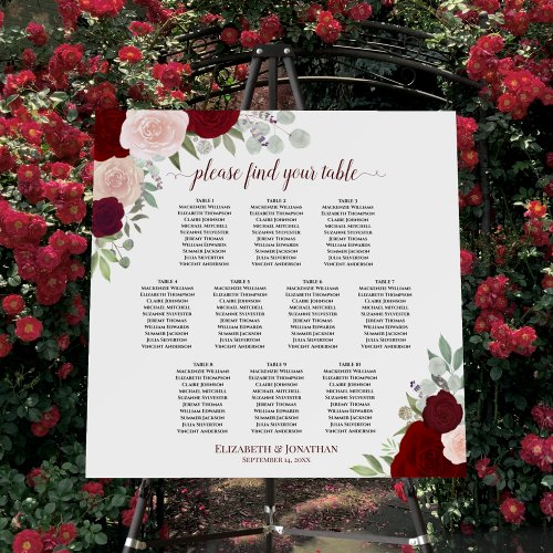10 Table Red  Pink Floral Wedding Seating Chart Foam Board