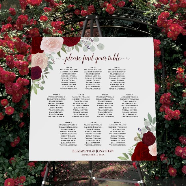 10 Table Red & Pink Floral Wedding Seating Chart Foam Board (In Situ on Stand with Flowers)