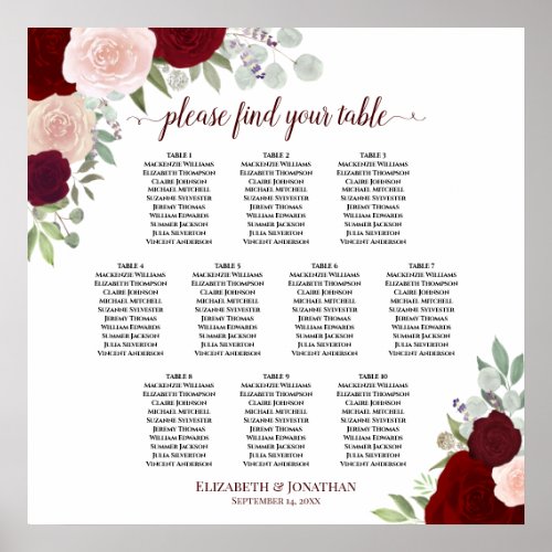 10 Table Red  Pink Roses Wedding Seating Chart