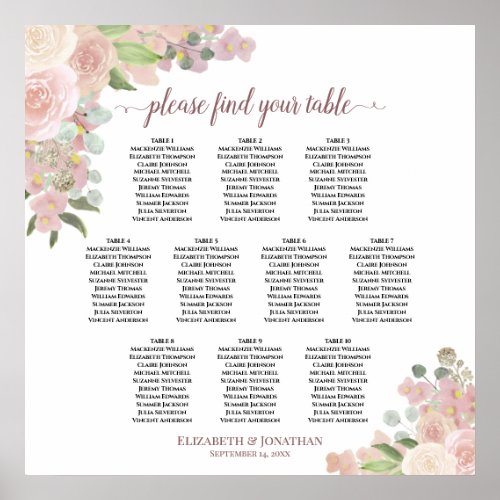 10 Table Rustic Pink Floral Wedding Seating Chart