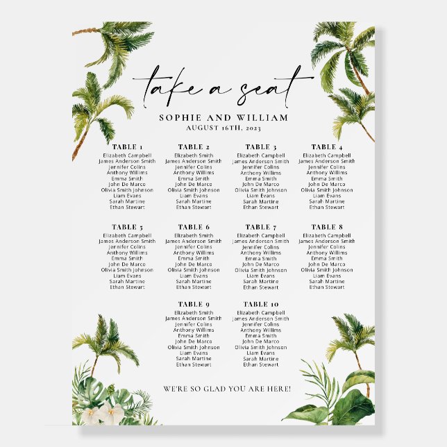 10 Table Seating Chart Tropical,  Seating Chart Foam Board (Front)