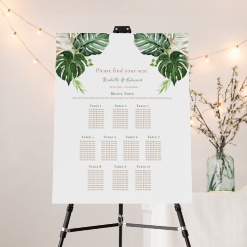 10 Table Seating Plan Tropical Green Palm Leaves Foam Board