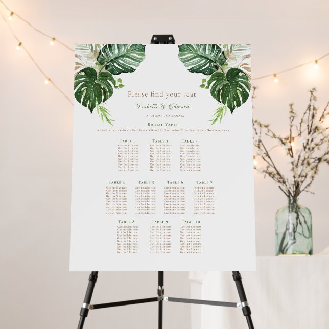 10 Table Seating Plan Tropical Green Palm Leaves Foam Board (In Situ (Stand))