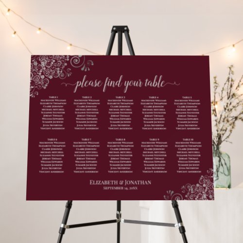 10 Table Silver Frills on Burgundy Seating Chart Foam Board