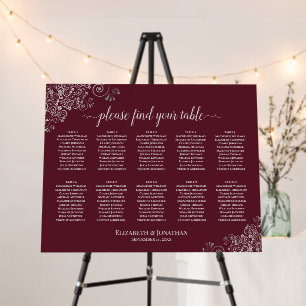 10 Table Silver Frills on Burgundy Seating Chart Foam Board