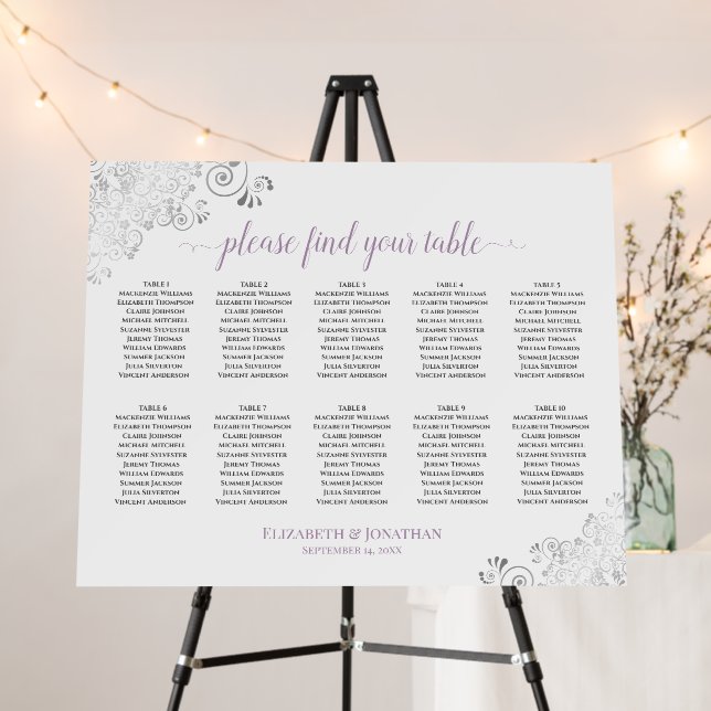 10 Table Silver Lace Lavender White Seating Chart Foam Board (In Situ (Stand))