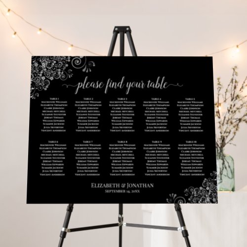 10 Table Silver Lace on Black Chic Seating Chart Foam Board