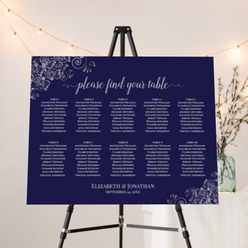 10 Table Silver Lace on Navy Blue Seating Chart Foam Board