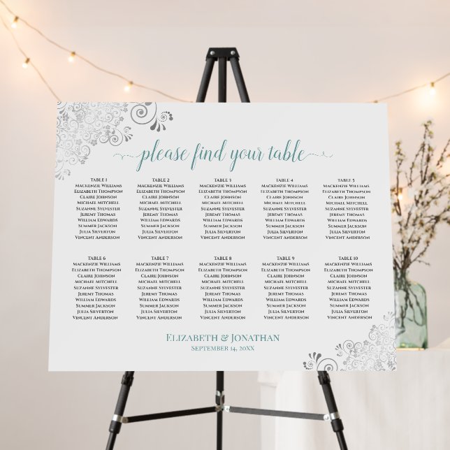 10 Table Silver Lace & Teal on White Seating Chart Foam Board (In Situ (Stand))
