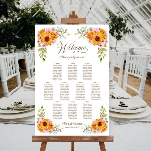 10 Table Sunflower Rose Wedding Seating Chart