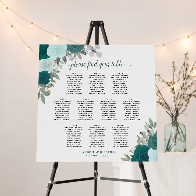 10 Table Teal Boho Floral Wedding Seating Chart Foam Board (In Situ (Stand))