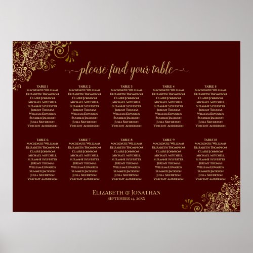 10 Table Wedding Seating Chart Auburn  Lacy Gold