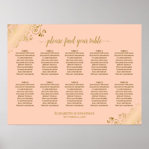 10 Table Wedding Seating Chart Coral Peach  Gold