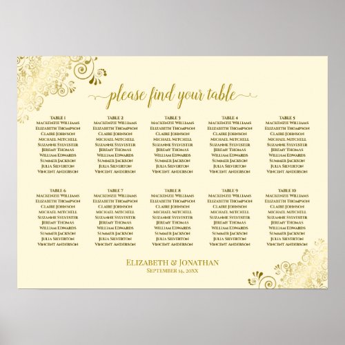 10 Table Wedding Seating Chart Cream  Gold Frills