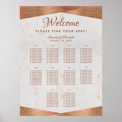 10 Table Wedding Seating Chart Faux Copper Marble