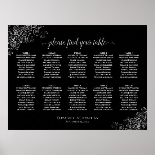 10 Table Wedding Seating Chart Lacy Silver  Black
