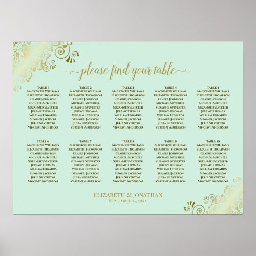 10 Table Wedding Seating Chart Mint Green  Gold