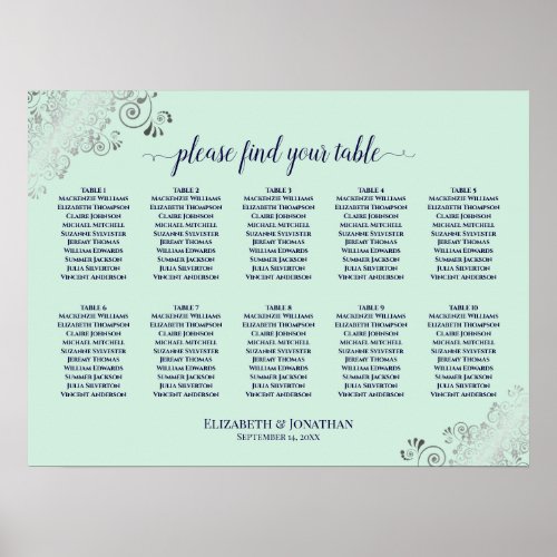 10 Table Wedding Seating Chart Mint Green  Navy