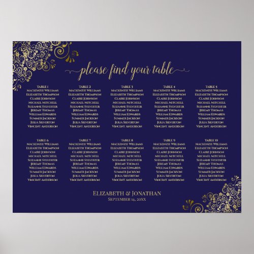 10 Table Wedding Seating Chart Navy Blue Gold Lace