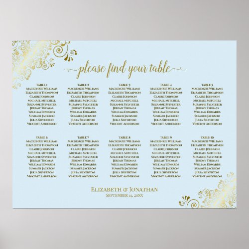 10 Table Wedding Seating Chart Powder Blue  Gold