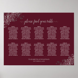 10 Table Wedding Seating Chart Silver on Burgundy