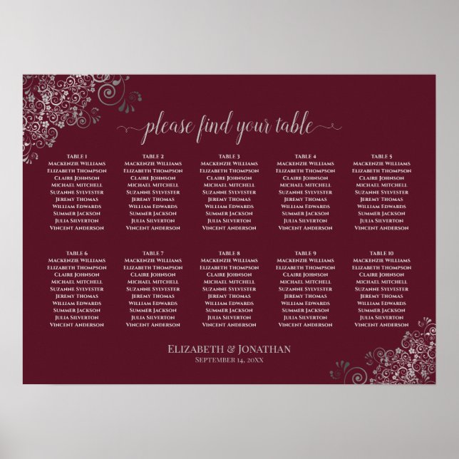 10 Table Wedding Seating Chart Silver on Burgundy (Front)