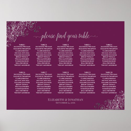 10 Table Wedding Seating Chart Silver on Cassis